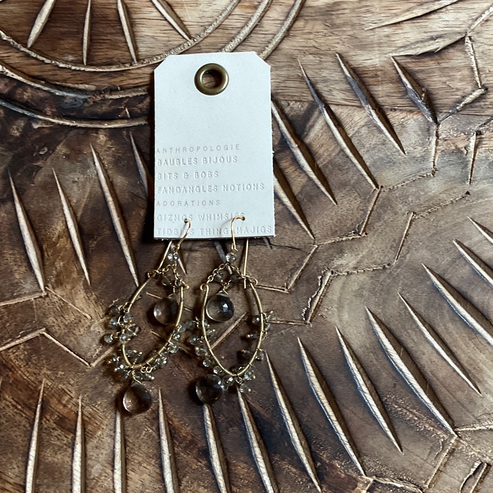 Anthropologie Gold Hoop Earrings with Smoky Brown Drops